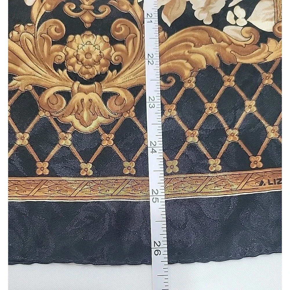 Vintage Liz Claiborne Silk Scarf Oblong Black Gold Baroque Floral Lattice Long